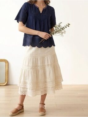 Knox Rose Navy Eyelet Short Sleeve Bohemian Top Size Extra Small